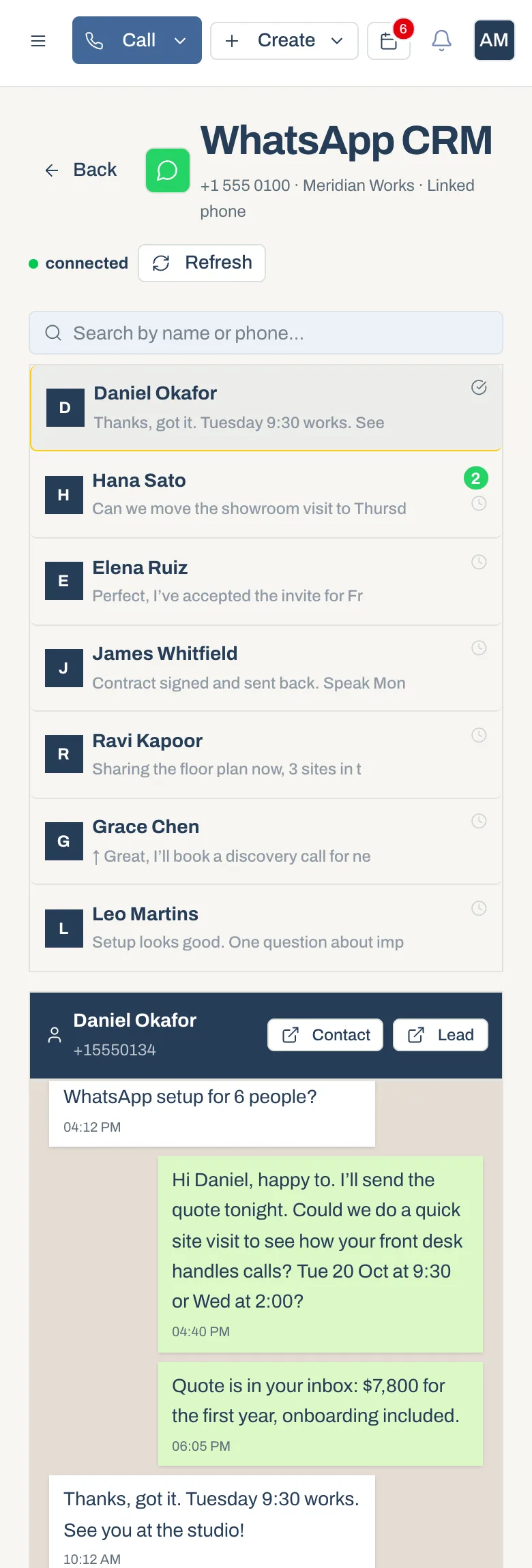 WhatsApp conversations in ThriveBase on a phone, demo data